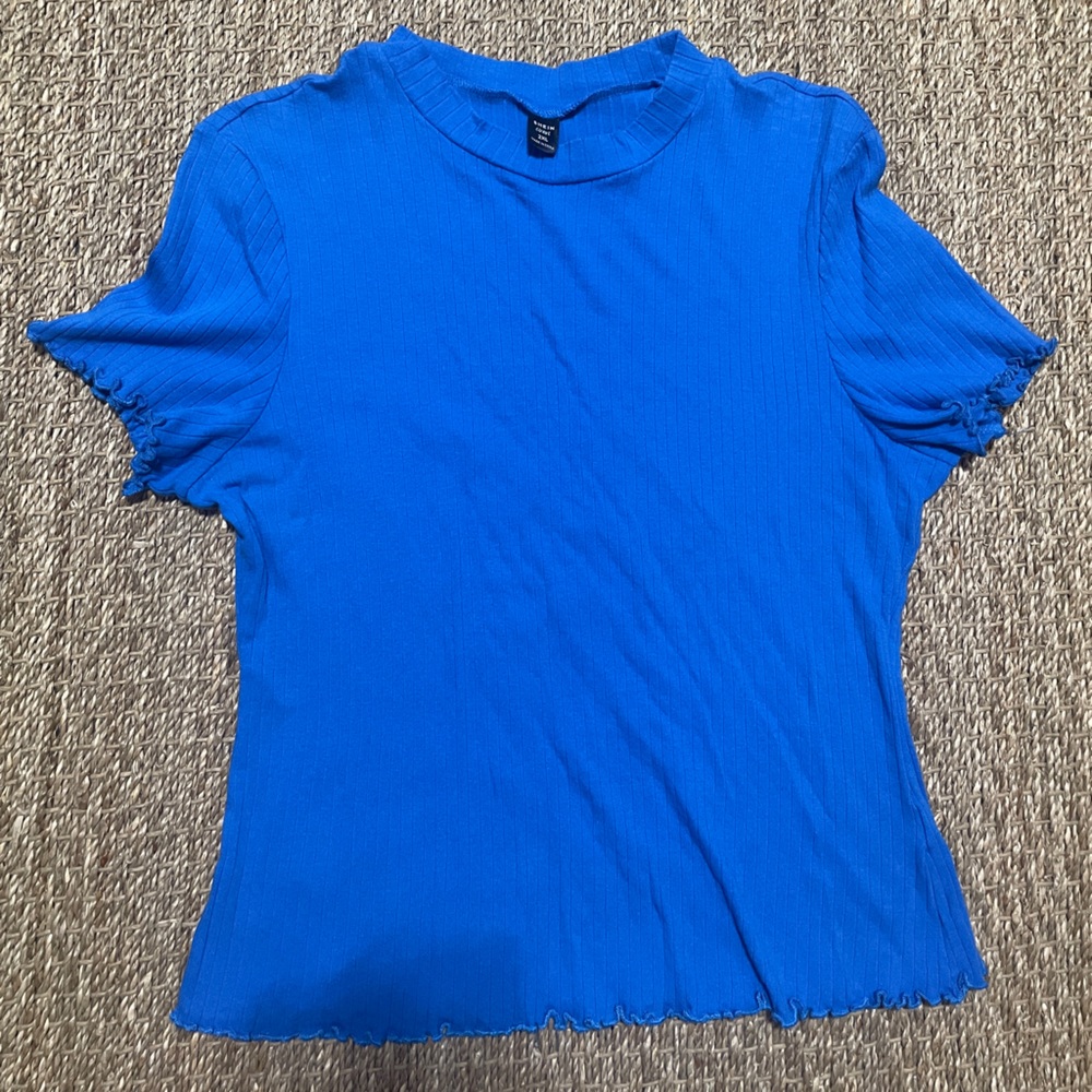 Blue Plus Sized Mock Neck Rib-Knit Tee